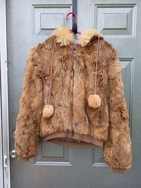 Rabbit Fur With Lamb Wool Trim Bomber Jacket in Brown with Pom-Trim Hood Vintage
